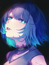 Rule 34 | 1girl, black background, black choker, blue dress, blue eyes, blue hair, choker, collared dress, commentary, dress, gradient hair, highres, kurokawa akane, light blue hair, looking at viewer, looking to the side, medium hair, mio 30x2, mismatched pupils, multicolored hair, oshi no ko, parted lips, portrait, see-through, see-through sleeves, shade, solo, star-shaped pupils, star (symbol), symbol-shaped pupils