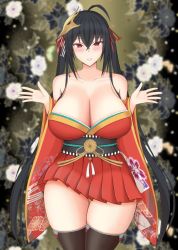Rule 34 | 1girl, absurdres, ahoge, azur lane, bare shoulders, bird mask, black hair, bow, breasts, cleavage, hair bow, hair ribbon, highres, japanese clothes, kimono, kuwashiku (kwsk9849), large breasts, long hair, looking at viewer, mask, mask on head, parted lips, red eyes, red kimono, red ribbon, ribbon, shirt, short kimono, sidelocks, solo, striped clothes, striped shirt, taihou (azur lane), tassel, teeth, twintails, very long hair