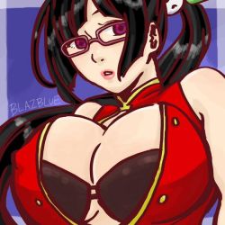 Rule 34 | 1girl, bad id, bad pixiv id, bare shoulders, black hair, blazblue, breasts, chinese clothes, cleavage, glasses, huge breasts, lips, litchi faye ling, long hair, nagareryuu, purple eyes, side ponytail, solo, upper body
