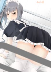 Rule 34 | 1girl, absurdres, all fours, alternate costume, apron, aqua panties, artist logo, ass, black dress, black ribbon, brown eyes, dress, embarrassed, enmaided, frilled apron, frills, grey hair, hair ribbon, highres, indoors, kantai collection, kasumi (kancolle), long hair, looking at viewer, maid, maid apron, maid headdress, mochizou, on bed, one-hour drawing challenge, panties, ribbon, side ponytail, solo, thighhighs, underwear, white apron, white thighhighs, zettai ryouiki