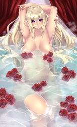 Rule 34 | 1girl, arm up, armpits, bathtub, blonde hair, blush, collarbone, convenient censoring, flower, highres, lips, long hair, nail polish, navel, nude, original, purple eyes, raycat, red rose, rose, smile, solo, steam, very long hair, water