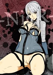 Rule 34 | 1girl, ashiomi masato, bandages, brown eyes, flower, kaine (nier), long hair, nier, nier (series), pubic stubble, pussy, silver hair, solo, spread legs, third-party edit, uncensored, weapon