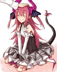 Rule 34 | 10s, 1girl, bare shoulders, blush, closed eyes, detached sleeves, elizabeth bathory (fate), elizabeth bathory (fate/extra ccc), elizabeth bathory (second ascension) (fate), fang, fate/extra, fate/extra ccc, fate/grand order, fate (series), frilled skirt, frilled sleeves, frills, hair ribbon, hand on another&#039;s head, headpat, hollomaru, horns, long hair, pink hair, plaid, plaid skirt, pointy ears, ribbon, rojiura satsuki : chapter heroine sanctuary, sitting, skirt, solo focus, tail, tail ornament, tail ribbon, two side up, type-moon, wariza
