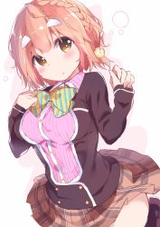 Rule 34 | 10s, 1girl, :o, black legwear, blush, bow, bowtie, braid, breasts, brown footwear, brown hair, brown skirt, chikuwa., flower, hair flower, hair ornament, hand on own chest, hands up, koiwai yoshino, large breasts, loafers, looking at viewer, masamune-kun no revenge, parted lips, pink shirt, plaid, plaid skirt, pleated skirt, ribbed shirt, school uniform, shirt, shoes, short hair, skirt, sleeves past wrists, solo, striped bow, striped bowtie, striped clothes, striped neckwear, tareme, yellow bow, yellow bowtie, yellow eyes, yellow flower