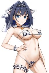 Rule 34 | 1girl, absurdres, animal ears, animal print, bell, bikini, black choker, blue eyes, blue hair, blue nails, bow, bow earrings, breasts, bridal garter, chain, choker, cow ears, cow print, cowbell, earrings, eyepatch bikini, female pubic hair, hair intakes, hand on own hip, heart, heart-shaped pubic hair, highres, hololive, hololive english, jewelry, large breasts, light smile, looking at viewer, matmaj, medium hair, micro bikini, nail polish, navel, neck bell, ouro kronii, print bikini, pubic hair, pussy, shaped pubic hair, simple background, solo, stomach, strapless, strapless bikini, string bikini, swimsuit, veil, virtual youtuber, white background