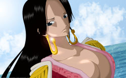 Rule 34 | 1girl, amazon lily, amazon warrior, black eyes, black hair, boa hancock, breasts, cape, cleavage, earrings, epaulettes, female focus, highres, jewelry, one piece, screencap, solo, third-party edit, vector trace