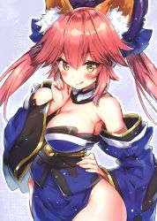 Rule 34 | 10s, 1girl, :q, absurdres, animal ear fluff, arm between breasts, bare shoulders, between breasts, bow, breasts, cleavage, cowboy shot, detached sleeves, fate/extra, fate (series), fingernails, hair between eyes, hair bow, hand on own hip, hand on own chin, highres, japanese clothes, kimono, large breasts, long hair, looking at viewer, obi, pelvic curtain, pink hair, riichu, sash, scan, shiny skin, side slit, simple background, sleeveless, sleeveless kimono, smile, solo, tamamo (fate), tamamo no mae (fate/extra), thighhighs, tongue, tongue out, twintails, wide sleeves, yellow eyes