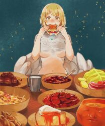 Rule 34 | 1girl, :t, biting, blonde hair, blue background, blue gemstone, blush, bowl, breasts, burger, cabbage, cream, cup, dungeon meshi, eating, falin touden, falin touden (chimera), feathered wings, feathers, food, fruit cup, gem, green gemstone, hands up, highres, holding, holding food, kirukiruababa, looking at viewer, mandrake, meat, medium breasts, monster girl, navel, nude, pie, pie slice, potato, pov across table, pumpkin, short hair, shrimp, solo, soup, spoilers, spoon, stew, straight-on, table, underboob, upper body, wings, wooden table, yellow eyes