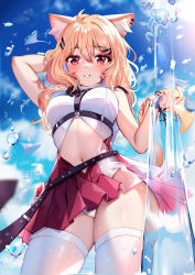 Rule 34 | 1girl, ahoge, animal ear fluff, animal ears, arm up, bare arms, bare shoulders, blonde hair, blue sky, breasts, cat ears, cat tail, cloud, commentary, cowboy shot, day, english commentary, facial mark, hair between eyes, hand up, highres, long hair, looking at viewer, medium breasts, miniskirt, navel, panties, panty peek, parted lips, pleated skirt, purple skirt, red eyes, shyrei faolan, skirt, sky, solo, squchan, standing, stomach, tail, thighhighs, thighs, underwear, virtual youtuber, vyugen, whisker markings, white panties, white thighhighs