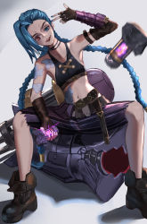 Rule 34 | 1girl, :d, arcane: league of legends, arcane jinx, arm tattoo, armpits, asymmetrical bangs, bad id, bad pixiv id, bare shoulders, blue eyes, blue hair, braid, breasts, brown footwear, closed mouth, cloud tattoo, crop top, explosive, fingerless gloves, gatling gun, gloves, grenade, heterochromia, highres, holding, holding grenade, jinx (league of legends), league of legends, legs apart, long hair, looking at viewer, minigun, navel, nnn (nonightnomad), open mouth, pants, red eyes, shoes, shoulder tattoo, small breasts, smile, solo, stomach, striped clothes, striped pants, tattoo, teeth, torn clothes, torn pants, twin braids, upper teeth only, weapon