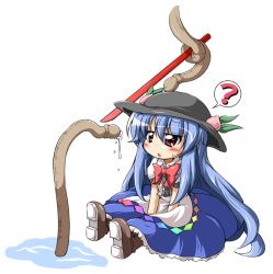 Rule 34 | 1girl, ?, bad id, bad pixiv id, blue hair, blush, boots, bow, brown eyes, clueless, cum, d.a, dress, food, fruit, full body, hat, hinanawi tenshi, long hair, peach, penis tentacle, sitting, solo, spoken question mark, spoken question mark, sweatdrop, sword, tentacles, touhou, transparent background, very long hair, weapon