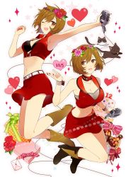 Rule 34 | 2girls, :d, ;d, alcohol, armpits, blush, boots, breasts, brown eyes, brown hair, cake, candy, cat, cleavage, eyelashes, flower, food, fruit, gift, head wreath, jumping, large breasts, letter, looking at viewer, medium breasts, meiko (vocaloid), meiko (vocaloid3), microphone, multiple girls, navel, one eye closed, open mouth, sake, short hair, skirt, smile, sparkle, strawberry, vocaloid, wire, yoshiki