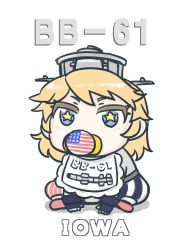 Rule 34 | 1girl, alternate costume, alternate hairstyle, american flag, american flag legwear, baby, bib, blonde hair, blue eyes, character name, commentary request, headgear, iowa (kancolle), kantai collection, looking at viewer, missile, pacifier, seiran (mousouchiku), short hair, simple background, sitting, solo, star-shaped pupils, star (symbol), symbol-shaped pupils, white background, aged down
