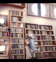 Rule 34 | 1girl, arms behind back, blue skirt, book, book stack, commentary, hammer and sickle, hat, hibiki (kancolle), kantai collection, ken sogen, letterboxed, long sleeves, looking away, messy hair, school uniform, scribble, serafuku, shelf, silver hair, skirt, verniy (kancolle), window, window shadow