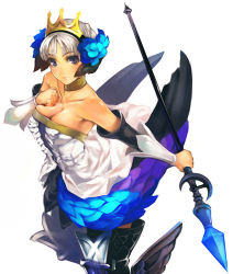 Rule 34 | 1girl, armor, armored dress, boots, breasts, choker, cleavage, crown, dress, gwendlyn, gwendolyn (odin sphere), hat, large breasts, multicolored wings, odin sphere, polearm, purple eyes, silver hair, simosi, solo, spear, strapless, strapless dress, thigh boots, thighhighs, walpurgisnacht, weapon, wings