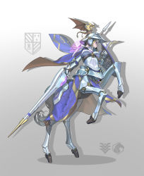 Rule 34 | 1girl, absurdres, android, armor, blonde hair, blue cape, breasts, buckle, cape, centaur, centaur knight, closed mouth, covered erect nipples, drop shadow, faulds, full armor, full body, gauntlets, grey background, helmet, highres, holding, holding lance, holding polearm, holding shield, holding weapon, hologram, horse tail, impossible armor, jinyu lao honglingjin, knight, lance, logo, looking down, mecha musume, medium breasts, multiple legs, original, plate armor, polearm, rearing, red eyes, shadow, shield, short hair, shoulder armor, sidelocks, simple background, snap-fit buckle, solo, tail, taur, underbust, visor (armor), weapon