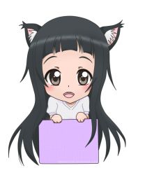 Rule 34 | 10s, 1girl, :d, animal ears, artist request, black eyes, black hair, blunt bangs, box, cat ears, cat girl, chibi, female focus, kemonomimi mode, khimmy felix, long hair, looking at viewer, open mouth, outline, puffy short sleeves, puffy sleeves, shirt, short sleeves, smile, solo, sword art online, transparent background, very long hair, watermark, white outline, white shirt, yui (sao)
