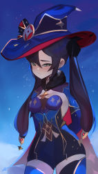 Rule 34 | 1girl, absurdres, arms behind back, black hair, black ribbon, blue cape, blue hat, blush, breasts, cape, closed mouth, commentary, detached sleeves, earrings, flying sweatdrops, genshin impact, green eyes, hair ribbon, hat, highres, jewelry, leotard, long hair, looking back, medium breasts, memeh, mona (genshin impact), mona (pact of stars and moon) (genshin impact), official alternate costume, outdoors, red cape, ribbon, sky, solo, strapless, strapless leotard, twintails, two-tone cape, witch hat