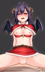 Rule 34 | 1boy, 1girl, artist name, asymmetrical bangs, belt, blush, bow, bra, bra pull, breasts, capelet, christmas, clothed sex, clothes pull, cowgirl position, deep penetration, demon girl, demon horns, demon wings, female pubic hair, gabriel dropout, girl on top, hair ornament, hairclip, heart, heart-shaped pupils, hetero, highres, horns, joosi, looking at viewer, medium breasts, miniskirt, nipples, nose blush, open mouth, pov, pubic hair, purple eyes, purple hair, pussy juice, red bow, red bra, red capelet, red skirt, sex, short hair, skirt, solo focus, spread legs, straddling, symbol-shaped pupils, underwear, vaginal, vignette tsukinose april, wings, x hair ornament