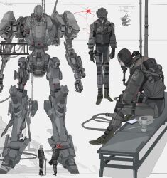 Rule 34 | 2boys, 621 (armored core 6), absurdres, armored core, armored core 6, ayre (armored core 6), bandaged head, bandages, bench, bottle, cane, cellphone, chest harness, emblem, grey hair, handler walter, harness, highres, industrial pipe, interface headset, looking at another, lunchbox, mecha, multiple boys, multiple straps, nslacka, oxygen mask, phone, pilot, pilot suit, robot, science fiction, sitting, smartphone, standing, water bottle