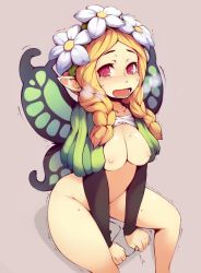 Rule 34 | 1girl, alternate breast size, blonde hair, blush, bottomless, braid, breasts, butterfly wings, fairy, flower, hair flower, hair ornament, hairband, insect wings, large breasts, long hair, looking away, mercedes (odin sphere), nipples, odin sphere, pointy ears, puff and slash sleeves, puffy sleeves, red eyes, remote control vibrator, ringed eyes, sex toy, simple background, solo, tears, trembling, twin braids, v arms, vibrator, wings, zako (arvinry)