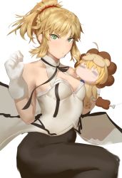 Rule 34 | 1girl, ahoge, artoria pendragon (fate), bare shoulders, black ribbon, blonde hair, blush, braid, breasts, commentary request, cosplay, fate/grand order, fate (series), food, gloves, green eyes, hair ornament, hair scrunchie, kunaboto, long hair, looking at viewer, medium breasts, mordred (fate), mordred (fate/apocrypha), pantyhose, ponytail, red scrunchie, ribbon, scrunchie, simple background, solo, v-shaped eyebrows, white background, white gloves