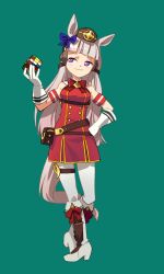 Rule 34 | 1girl, absurdres, animal ears, armband, blunt bangs, boots, bow, bowtie, breasts, brown hat, closed mouth, dress, ear bow, full body, gloves, gold ship (umamusume), green background, grey hair, hand on own hip, hand up, hat, heel up, high heel boots, high heels, highres, horse ears, horse girl, horse tail, long hair, looking to the side, pants, pouch, purple eyes, rubik&#039;s cube, simple background, sleeveless, sleeveless dress, small breasts, smile, solo, standing, suzuhara kenji, tail, thigh strap, umamusume, white gloves, white pants