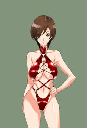 Rule 34 | 1girl, absurdres, blue eyes, breasts, brown hair, cleavage, criss cross front, front-tie top, hair over one eye, hand on own hip, highres, hirabaru kenji, lace up front, large breasts, lips, meiko (vocaloid), short hair, simple background, solo, strap, swimsuit, vocaloid