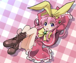 Rule 34 | 10s, 1girl, :o, boots, bow, cross-laced footwear, dress, full body, hair ribbon, hair rings, hairband, hat, lace-up boots, open mouth, pink bow, pink hair, purple eyes, ribbon, shawl, sherlock shellingford, short hair, sidelocks, sitting, solo, tantei opera milky holmes, yellow bow, yugi (magical-dreamer)