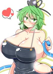 Rule 34 | 1girl, apron, ass, breasts, butt crack, cleavage, green eyes, green hair, hat, highres, hose, huge breasts, looking at viewer, naked apron, rindou (p41neko), short hair, smile, soga no tojiko, solo, sweat, tate eboshi, touhou