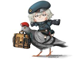 Rule 34 | 0w0, 1girl, bandaid, bandaid on face, bandaid on nose, beret, bird, chibi, commentary, commission, english commentary, first aid kit, full body, girls&#039; frontline, haonfest, hat, highres, hs2000 (girls&#039; frontline), parody, pigeon, red headwear, simple background, sitting on animal, style parody, twitter username, white background