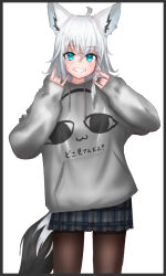 Rule 34 | 1girl, advarcher, ahoge, alternate costume, animal ear fluff, animal ears, black pantyhose, blue eyes, blue skirt, braid, commentary, double fox shadow puppet, drawstring, earrings, fox ears, fox girl, fox shadow puppet, fox tail, grey hoodie, grin, hands up, hololive, hood, hoodie, jewelry, long hair, long sleeves, looking at viewer, miteiru (shirakami fubuki), pantyhose, plaid, plaid skirt, pleated skirt, shirakami fubuki, side braid, sidelocks, simple background, single earring, skirt, smile, solo, straight-on, tail, translation request, unfinished, virtual youtuber, white background