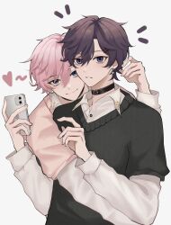 Rule 34 | 2boys, black hair, black shirt, blue eyes, cellphone, closed mouth, collar, earrings, highres, holding, holding phone, indie virtual youtuber, iphone, jewelry, long sleeves, male focus, mmanohei, multiple boys, phone, pink hair, pink shirt, purple eyes, shirt, short hair, shoto (vtuber), smartphone, smile, virtual youtuber, white shirt