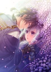 Rule 34 | 10s, 2boys, black gloves, black hair, blue eyes, flower, gloves, hand on another&#039;s cheek, hand on another&#039;s face, highres, honebami toushirou, interlocked fingers, japanese clothes, lilac, male focus, mikazuki munechika, multiple boys, necktie, nishiki koi, parted lips, petals, purple eyes, sayagata, smile, touken ranbu, white gloves, white hair, wisteria, yaoi