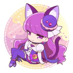 Rule 34 | 10s, 1girl, animal ears, bebe 0620, boots, cat ears, cat tail, character name, chibi, choker, closed mouth, cure macaron, earrings, elbow gloves, extra ears, food-themed hair ornament, full body, gloves, hair ornament, jewelry, kirakira precure a la mode, kotozume yukari, layered skirt, long hair, looking at viewer, macaron hair ornament, multicolored background, paw print, precure, puffy sleeves, purple choker, purple eyes, purple footwear, purple hair, purple skirt, ribbon choker, sitting, skirt, smile, solo, tail, thigh boots, thighhighs, white gloves