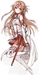 Rule 34 | 10s, 1girl, asuna (sao), brown eyes, brown hair, kirisawa saki, long hair, simple background, skirt, smile, solo, sword, sword art online, weapon, white background