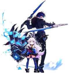 Rule 34 | 1boy, 1girl, absurdres, black footwear, black pants, blue eyes, blue hair, blue skirt, blue thighhighs, bow, brooch, ciel (elsword), claws, coat, crown, demon power (elsword), dual wielding, elsword, energy, full body, gloves, gun, gunblade, height difference, highres, holding, huge weapon, hwansang, jewelry, long hair, luciela r. sourcream, mini crown, official art, pants, pointy ears, reverse grip, shoes, skirt, standing, sword, symbol-shaped pupils, tail, thighhighs, transparent background, weapon, white background, white bow, white hair