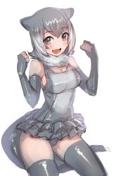 Rule 34 | 1girl, :d, animal ears, arms up, blush, bow (bhp), breasts, brown eyes, clenched hands, commentary, elbow gloves, fingerless gloves, frilled swimsuit, frills, fur collar, gloves, gradient hair, grey hair, kemono friends, looking at viewer, medium breasts, multicolored hair, open mouth, otter ears, otter tail, short hair, simple background, small-clawed otter (kemono friends), smile, solo, swimsuit, tail, thighhighs, white background