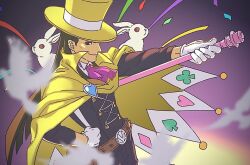 Rule 34 | 1boy, ace attorney, apollo justice: ace attorney, ascot, bow, bowtie, brown hair, cape, closed mouth, collared shirt, confetti, gloves, hand on own hip, hat, holding, jacket, lcageki, long hair, long sleeves, looking at viewer, magician, male focus, outstretched arm, pink ascot, shirt, smile, solo, top hat, white gloves, white rabbit (animal), yellow cape, yellow hat, zak gramarye