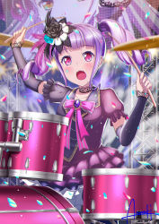Rule 34 | 1girl, :o, amasaki yusuke, arm warmers, artist name, bang dream!, black choker, black feathers, black flower, black rose, blue eyes, blue flower, blue rose, blush, brooch, choker, collarbone, commentary request, dress, drum, drum set, drumsticks, feather hair ornament, feathers, flower, frilled dress, frilled sleeves, frills, grey hair, hair flower, hair ornament, holding, holding drumsticks, instrument, jewelry, lace, lace choker, lace trim, long hair, minato yukina, music, neck ribbon, petals, pink eyes, playing instrument, purple feathers, purple hair, ribbon, rose, scaffolding, screen, short sleeves, sidelocks, signature, solo, stage, stage lights, twintails, udagawa ako, yellow eyes