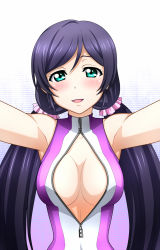 Rule 34 | 10s, 1girl, bare shoulders, blush, breasts, female focus, front zipper swimsuit, gradient background, green eyes, highres, kenken, large breasts, long hair, looking at viewer, love live!, love live! school idol festival, love live! school idol project, meme attire, one-piece swimsuit, purple hair, solo, swimsuit, tojo nozomi, twintails, zipper