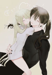Rule 34 | 1boy, 1girl, age difference, ahoge, barbell piercing, bishounen, black nails, black robe, blonde hair, closed eyes, couple, dress, ear piercing, grey background, grey hair, hetero, hug, industrial piercing, long hair, looking at another, msa (fary white), one eye closed, original, piercing, red pupils, robe, short dress, smile, straddling, sweatdrop, twintails, very long hair, white dress, white eyes