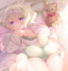 Rule 34 | 1girl, animal ear fluff, animal ears, ass, bad id, bad pixiv id, bare shoulders, barefoot, bed, blush, bow, camisole, commentary request, feet, green camisole, green shorts, grey hair, hair between eyes, highres, jacket, komachi pochi, long sleeves, looking at viewer, looking back, lying, off shoulder, on bed, on stomach, open clothes, open jacket, original, panties, parted lips, pillow, purple eyes, red bow, short hair, short shorts, shorts, sleeves past fingers, sleeves past wrists, soles, solo, stuffed animal, stuffed toy, tail, teddy bear, underwear, v-shaped eyebrows, white jacket, white panties