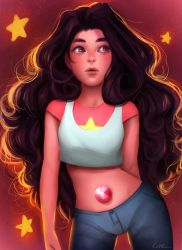 Rule 34 | 1other, black hair, cartoon network, cowboy shot, curly hair, dark skin, denim, denim shorts, freckles, funsized-cake, fusion, gem, jeans, looking to the side, midriff, navel, other focus, pants, shorts, solo, steven universe, stevonnie (steven universe), undershirt