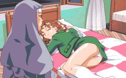 Rule 34 | 1990s (style), 2 shot diary 2, 2girls, accidental exposure, animated, animated gif, ayaka (2 shot diary 2), bed, brown hair, character request, dithering, drill hair, eye contact, game cg, green jacket, habit, indoors, jacket, legs together, looking at another, lying, may-be soft, multiple girls, nun, on bed, on side, panties, pantyshot, pc98, pillow, retro artstyle, school, school uniform, shirt, smile, socks, standing, tagme, twin drills, underwear, white legwear, white panties, white shirt