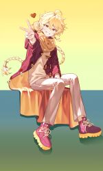 Rule 34 | 1boy, absurdres, aether (genshin impact), alternate costume, blonde hair, braid, earrings, genshin impact, heart, highres, ice s s z, jacket, jewelry, long hair, long sleeves, male focus, pants, red footwear, red jacket, scarf, shirt, shoes, sitting, smile, sneakers, solo, v, white pants, yellow eyes, yellow scarf, yellow shirt