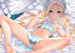 Rule 34 | 1girl, abigail williams (fate), abigail williams (swimsuit), abigail williams (swimsuit foreigner) (fate), abigail williams (swimsuit foreigner) (third ascension) (fate), bare shoulders, bikini, blonde hair, blue bikini, blue eyes, blue headwear, blush, bonnet, bow, braid, braided hair rings, breasts, closed mouth, double v, fate/grand order, fate (series), forehead, hair bow, hair rings, highres, long hair, looking at viewer, lying, navel, okina ika, on back, parted bangs, sidelocks, small breasts, smile, solo, spread legs, swimsuit, thighs, twin braids, twintails, v, very long hair, white bow