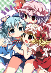 Rule 34 | 3girls, :d, bat wings, blonde hair, blue eyes, blue hair, cirno, clothes lift, fang, flandre scarlet, hands on another&#039;s head, hat, ice, ice wings, leaning forward, mob cap, multiple girls, nagayama yuunon, open mouth, purple hair, red eyes, remilia scarlet, school swimsuit, short hair, side ponytail, skirt, skirt lift, smile, swimsuit, swimsuit under clothes, tears, touhou, wings