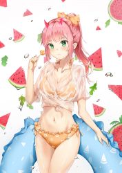 Rule 34 | 10s, 1girl, :/, bad id, bad pixiv id, bikini, bikini under clothes, blunt bangs, bow, breasts, bright pupils, candy, cleavage, closed mouth, collarbone, cowboy shot, darling in the franxx, floral print, food, freckles, fruit, hair bow, halterneck, highres, holding, holding food, horns, innertube, lollipop, long hair, looking at viewer, medium breasts, no hairband, orange bikini, orange bow, ponytail, print bikini, see-through, shiny skin, shirt, short sleeves, side-tie bikini bottom, solo, sparkle, standing, swim ring, swimsuit, thighs, tied shirt, water, water drop, watermelon, watermelon seeds, wet, wet clothes, wet shirt, white background, white shirt, zero two (darling in the franxx)