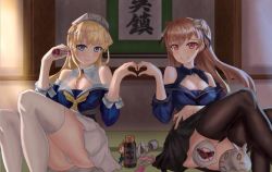 Rule 34 | 1other, 3girls, black legwear, black skirt, blonde hair, blue eyes, blue shirt, bottle, breasts, censored, cleavage, double bun, fairy (kancolle), fletcher (kancolle), grin, hair bun, hair ornament, hairband, heart, heart hands, heart hands duo, hitachi magic wand, johnston (kancolle), kantai collection, large breasts, light brown hair, long hair, looking at viewer, medium breasts, multiple girls, neckerchief, no panties, off shoulder, om10, pants, pleated skirt, red eyes, sailor collar, school uniform, serafuku, sex toy, shirt, sitting, skirt, smile, speech bubble, star (symbol), star hair ornament, tatami, thighhighs, two side up, vibrator, white legwear, white pants, white sailor collar, white skirt, yellow neckerchief